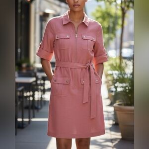 Sharagano Women Orange Shirt Dress Chuffed Sleeve Belted Dress Size 12